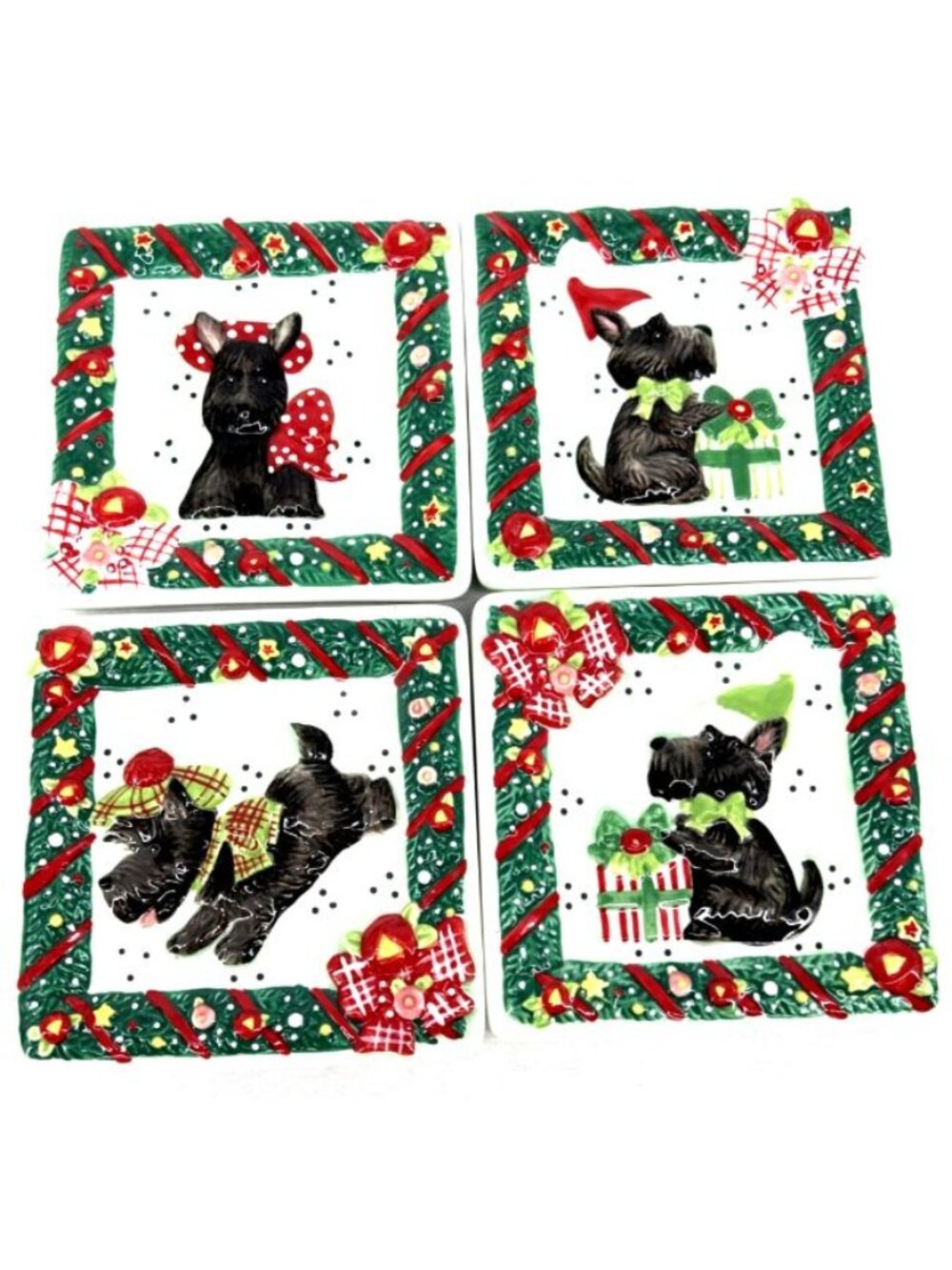 Mary Engelbreit Mini Plates Christmas Scottish Terrier Ceramic 4.5" Vitg Set 4